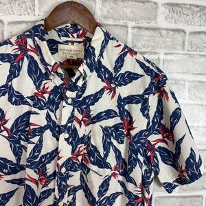 Denim & Supply Ralph Lauren White Blue Tropical Leaf Casual Button Shirt LARGE